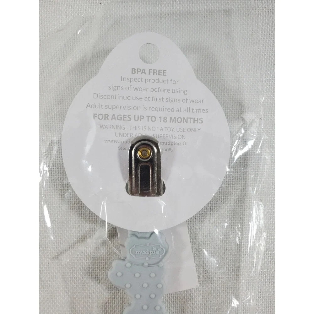 Mud Pie Bunny Silicone Pacifier Strap Clip Gray BPA‎ Free Baby Paci Holder NEW
